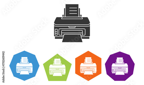 collection of glyph printer icons in various colors and backgrounds illustrations