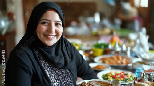 A woman wearing a black head scarf is smiling at a table full of food. There are many plates of food on the table, including a bowl of salad