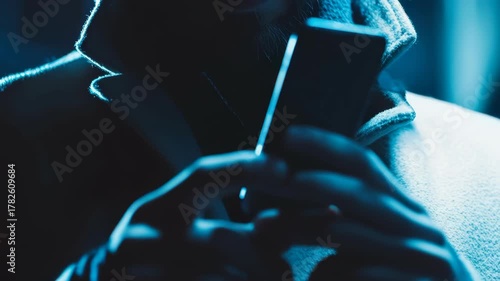 Man using cell phone in dimly lit room. Silhouette of person holding device, focusing on interaction with electronic gadget.