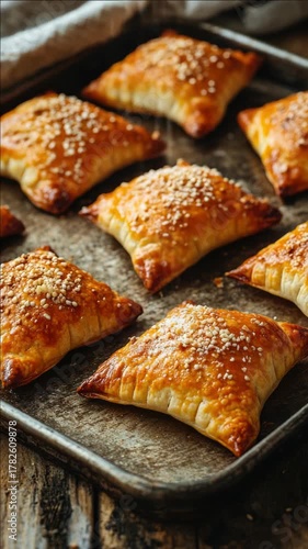 A close-up view of a baked food item, likely a danish or a savory pastry with a golden brown crust and flaky texture. Topped with seeds that add an interesting crunch to the soft dough.
