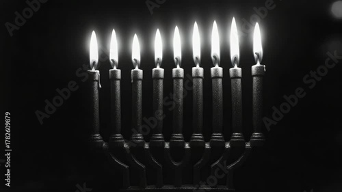 A lit candle is in the middle of a black background. There are six other candles in the background