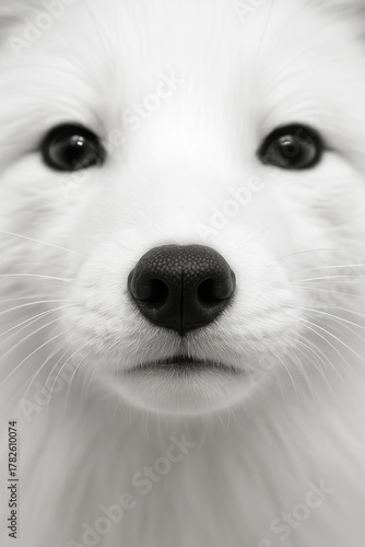 Black and white portrait of the face of an arctic fox