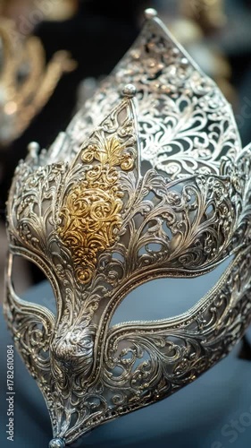 A Venetian masquerade mask with detailed gold and silver embellishments, showcasing the elaborate designs typical of this genre of traditional Italian craftsmanship.