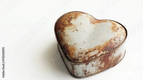 Vintage metal container with heart shape, showing signs of rust and age.