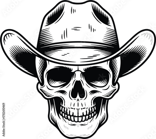 Monochrome Vintage Engraving Western Cowboy Skull Vector