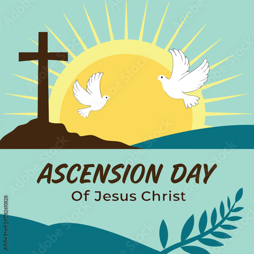 Ascension day of jesus christ religious illustration with cross, doves, and radiant sun in sky