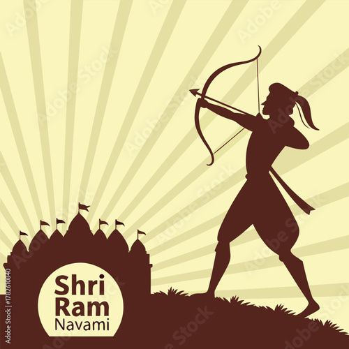 Shri ram navami festival illustration with silhouette of lord rama aiming bow and arrow