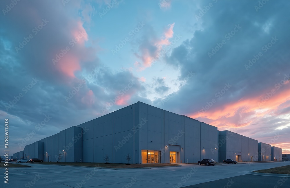 Obraz premium Large gray industrial warehouse building exterior with cars parked in front lot under colorful pink and blue cloudy sky at dusk. Modern logistics center architecture with lighted entrances.