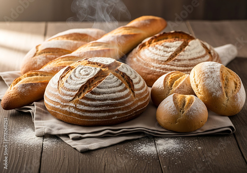 Rustic Freshly Baked Bread on Wooden Table