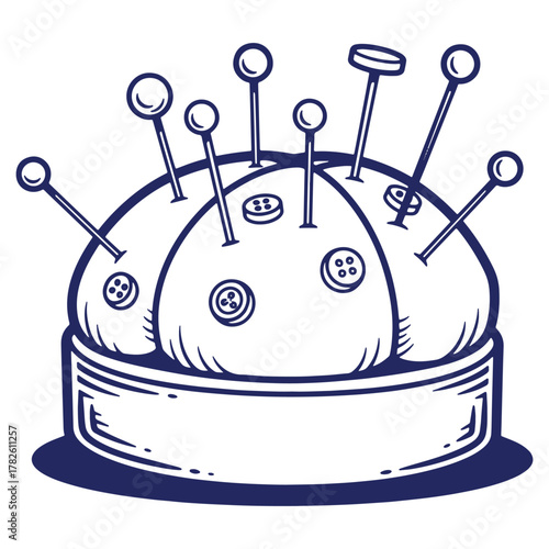 Hand drawn illustration of a pincushion with pins and buttons representing sewing and needlework