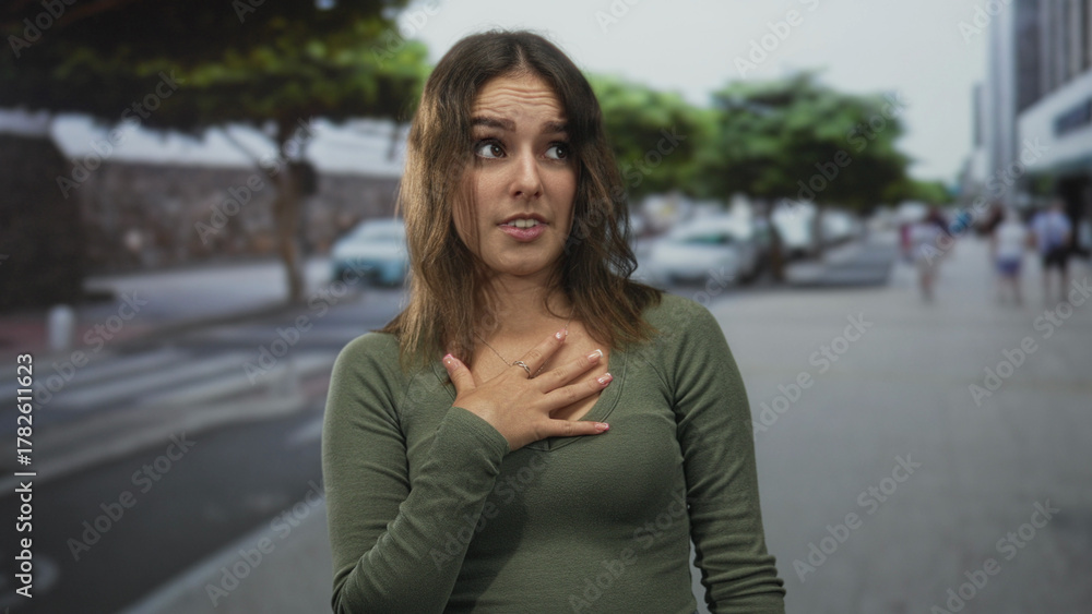 Fototapeta premium Young woman with hand on chest wearing green shirt and necklace on city street pedestrian walkway; regret apology.