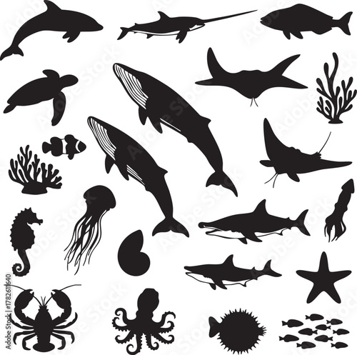 Sea Life Silhouette Sheet (22 unique)