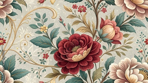 Elegant vintage floral pattern with rich red and pink roses