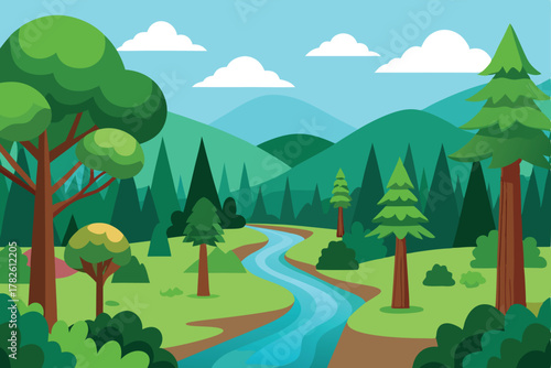 Cartoon illustration of a tranquil river flowing through a forest valley