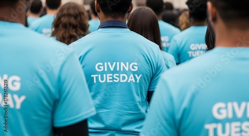 Group of People Wearing Blue Giving Tuesday T-shirts Participating in Charity Event