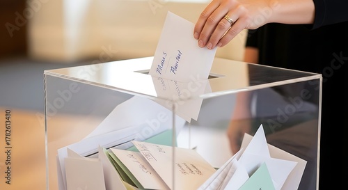 Person Hand Dropping White Envelope Into Transparent Donation Box with Letters and Cards in Modern Setting