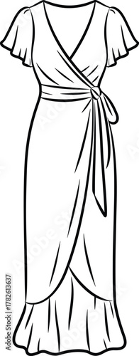 Wrap style dress front view, flutter sleeve design, ruffled hem detail, sash waist tie, fashion flat sketch, technical illustration