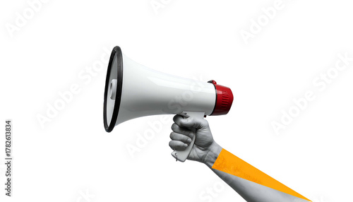 Hand holding a white megaphone against a black backdrop, with orange arm segment
