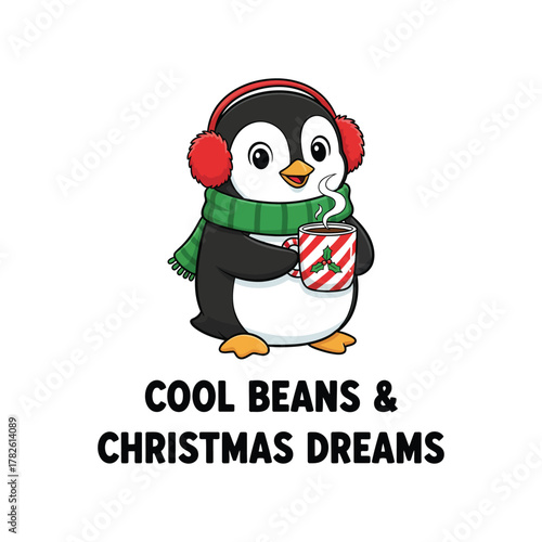 Penguin with coffee cup and earmuffs saying cool beans christmas dreams cute bird design