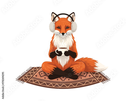 A fox wearing earmuffs sitting on a rug with a cup of coffee for a cozy winter vibe