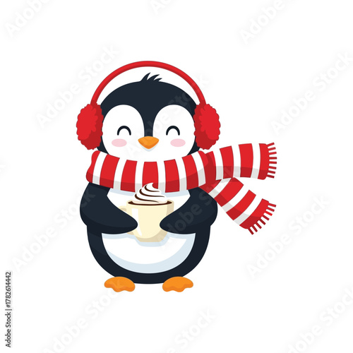 A cheerful penguin wearing earmuffs and a scarf, holding a cup of hot cocoa