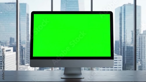Modern Business Workspace with desktop computer monitor mock up green screen chroma key display standing on the desk in office background glass wall big city zoom shot distortion, overlay, glitch