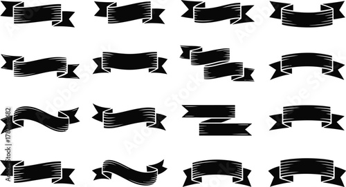 Collection of vintage black ribbon banners for design elements