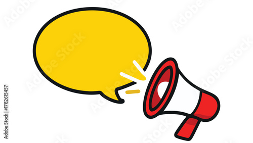 Megaphone Announcement with Speech Bubble Illustration, megaphone icon, speech bubble graphic, announcement design, yellow callout symbol, notification alert icon, communication message design, 