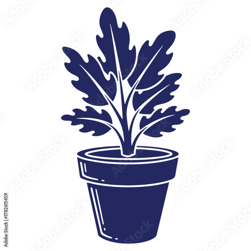 Stylized Plant in Pot Illustration with Deep Blue Color and White Background for Creative Projects