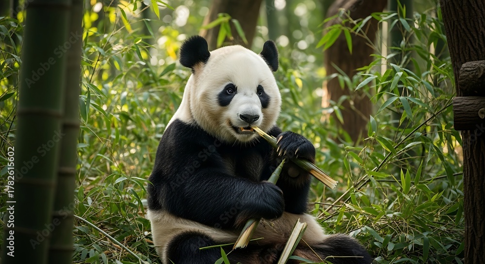 Obraz premium Giant Panda Eating Bamboo in Lush Green Forest Habitat.