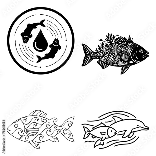 Four unique fish illustrations with different styles