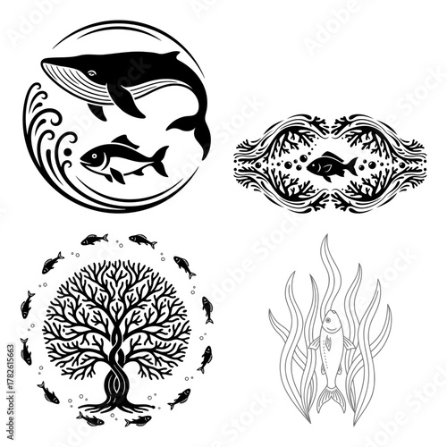 Four different fish and tree themed designs in black and white