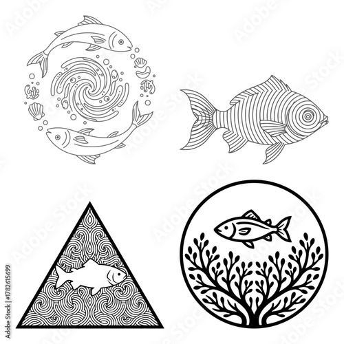 Four unique fish illustrations with different styles