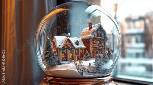 Cheerful Snow Globe with Miniature Christmas Village Inside on White Background.