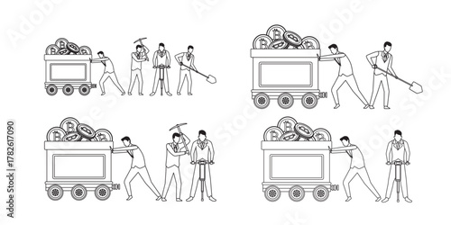 Hardworking team mining cryptocurrency pulling cart full of bitcoins, illustrating the digital economy with shovels and pickaxes in a modern way