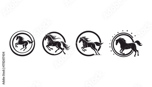 Four black horse silhouettes in circular frames, some with stars, on a white background
