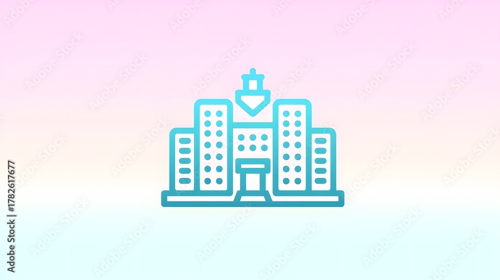 Fototapeta premium Stylized depiction of a central corporate building with structures surrounding it against a soft gradient background.