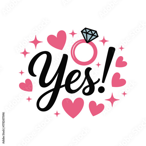 Black script word Yes with pink hearts and diamond ring graphic text lettering vector.