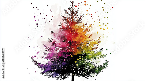 Watercolor Christmas Tree with Soft Blended Colors on White Background.