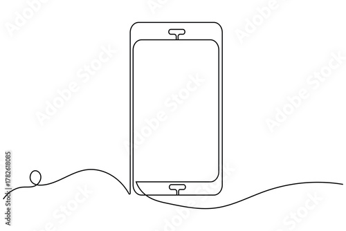 Minimalist vector illustration of a smartphone with wifi and signal waves drawn in one continuous line. Perfect for technology, communication, and digital network concepts