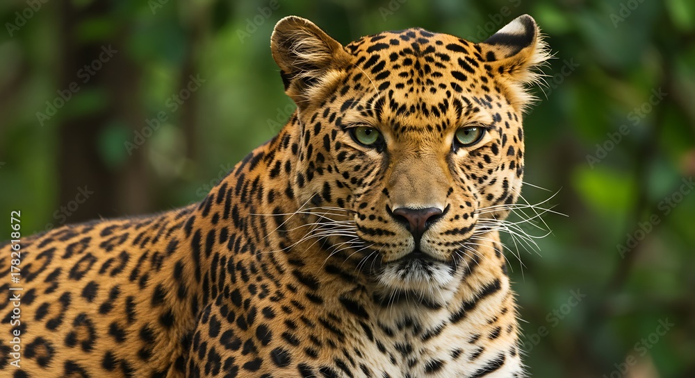 Naklejka premium Majestic Leopard Portrait - Intense Gaze in Lush Greenery.