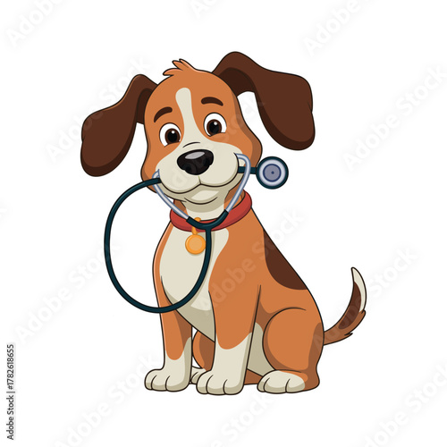 Cartoon dog wearing a red collar and holding a stethoscope in its mouth puppy illustration.