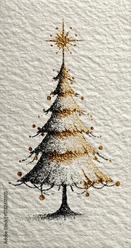 Elegant Christmas Tree Outline with Gold and Black Glitter Texture on Rough White Watercolor Paper for Luxury Vertical Holiday Card, Invitation, or Social Media Story