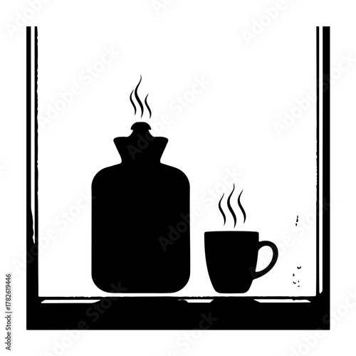 Steaming hot beverage in a stylish black mug and flask, a cozy moment of relaxation