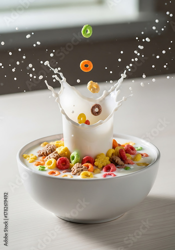 Milk Splash with Colorful Cereal Bowl