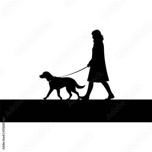 Silhouette of woman walking her dog, enjoying a peaceful outdoor stroll with canine companion