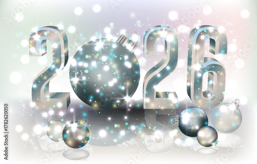 2026 silver new year invitation card with xmas balls, vector illustration