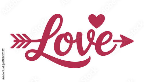 Crimson red cursive word Love with an arrow through it and a heart above cupid romance