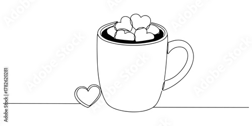 Continuous one line drawing of a mug of hot chocolate with heart-shaped marshmallows, representing the warmth of family, line art style vector illustration.