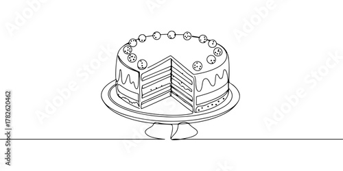 Continuous one line drawing of a cake, line art style vector illustration.